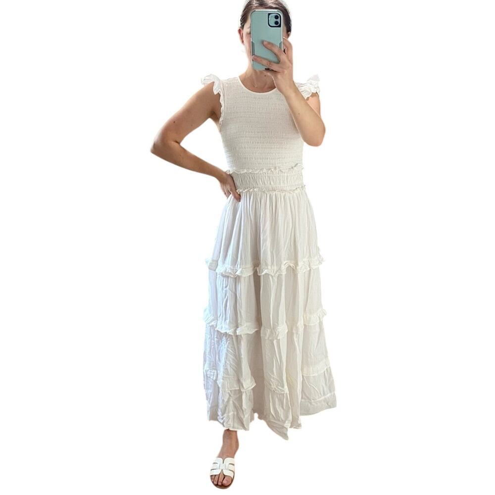 SAYLOR Tuckernuck Alanna White Smocked Flutter Sleeve Ruffle Maxi Cotton Dress S